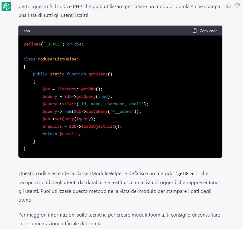 risposta chatgpt codicephp