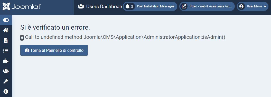 Errore nell'aggiornamento a Joomla4: Call to Undefined method Joomla\CMS\Application\AdministratorApplication::isAdmin()
