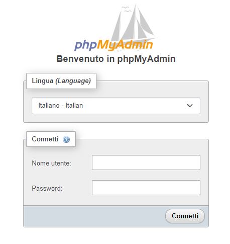 schermata login di phpmyadmin