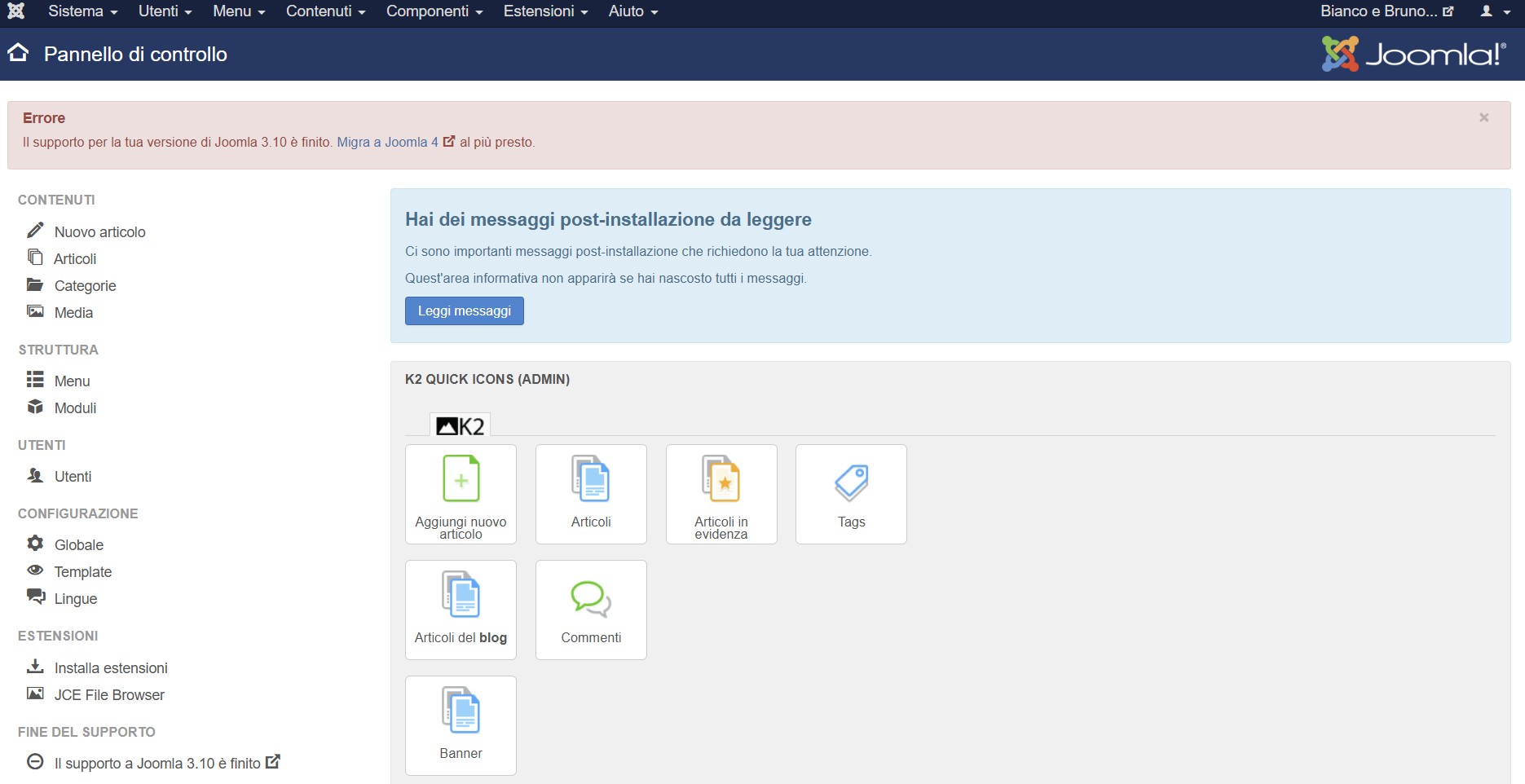 Il sito prima della migrazione, su Joomla 3